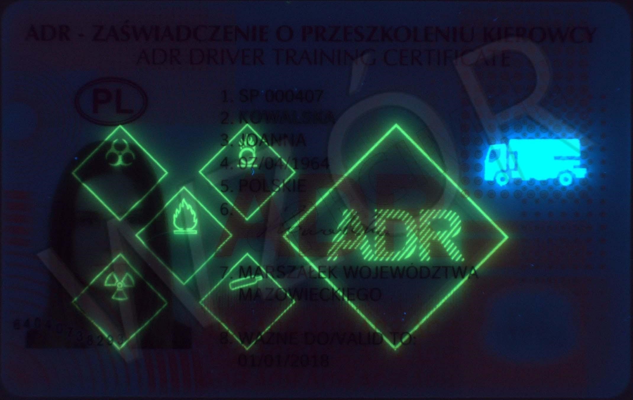 zaświadczenie certyfikat ADR kierowcy widok zabezpieczeń UV