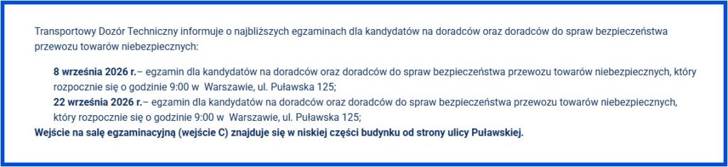 KOMUNIKAT TDT WRZEŚNIOWE TERMINY EGZAMINÓW DORADCÓW ADR DGSA