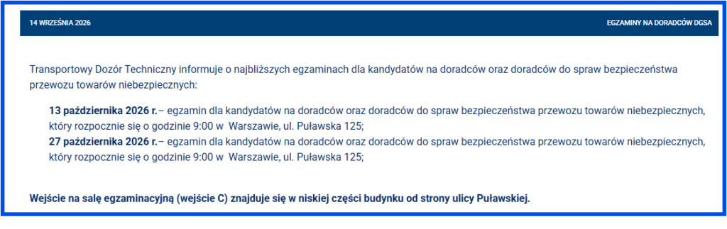 KOMUNIKAT TDT EGZAMINY DORADCÓW ADR DGSA PAŹDZIERNIK 2026